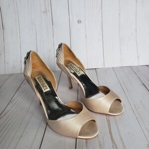 Badgley Mischka Open-Toe Bejeweled Satin Heels 6M